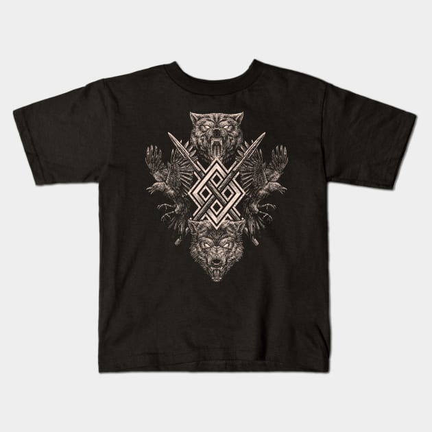 Viking Wolf Raven of Odin Norse Pagan Gungnir Kids T-Shirt by Blue Pagan